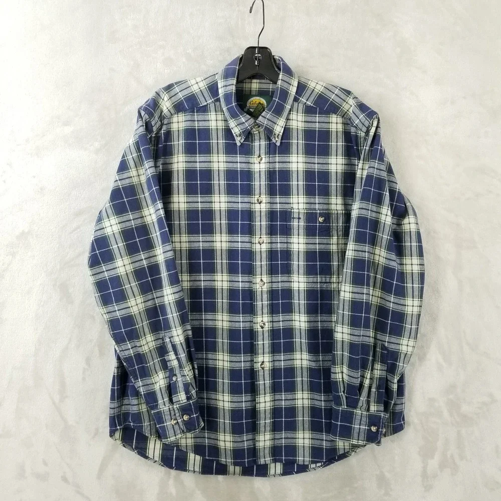Cabelas Shirt Men L Blue Plaid 100% Heavyweight Cotton‎ Outdoor Cabin Workwear